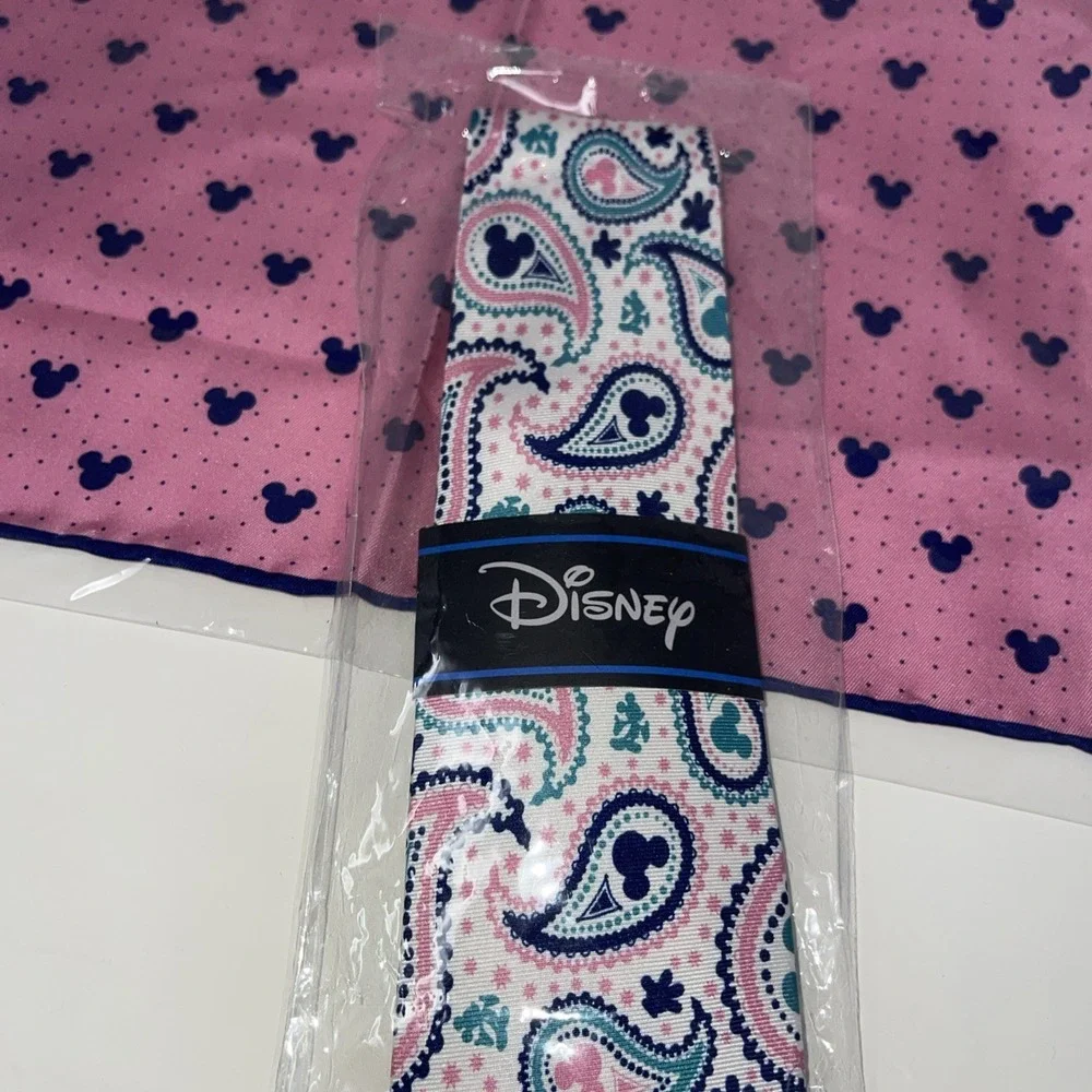 Mens Paisley 100% Silk Neck Tie & Pocket Square Mickey Head Disney NWT Cufflinks